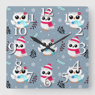 Winter Owls Quadratische Wanduhr