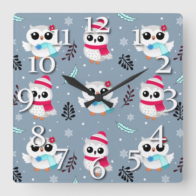 Winter Owls Quadratische Wanduhr (Vorderseite)