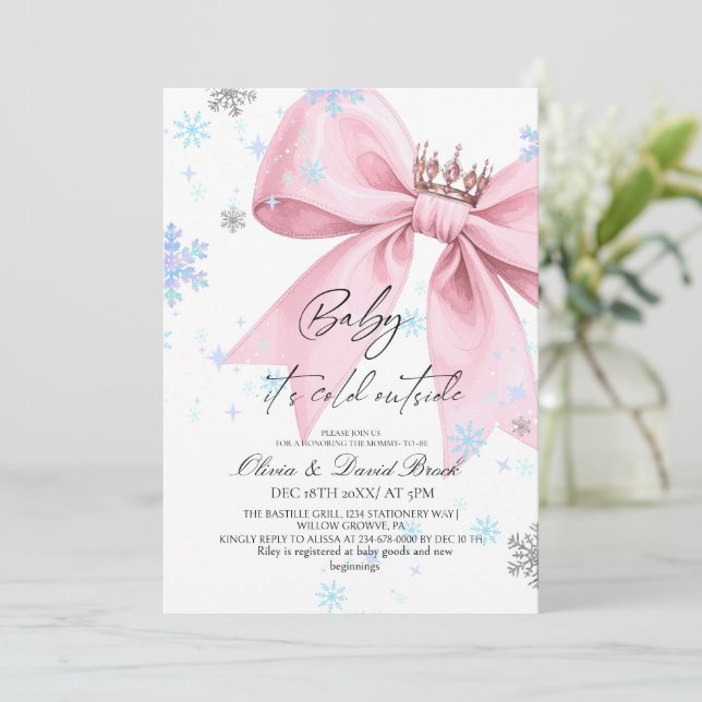 Winter Pastel Pink Bow Baby Shower Einladung (Stehend Vorderseite)