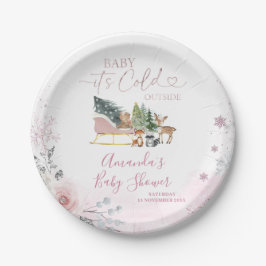 Winter Pastel Pink Snowflake Sleigh Baby Shower Pappteller