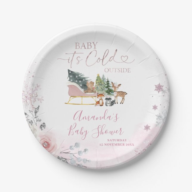 Winter Pastel Pink Snowflake Sleigh Baby Shower Pappteller (Vorderseite)