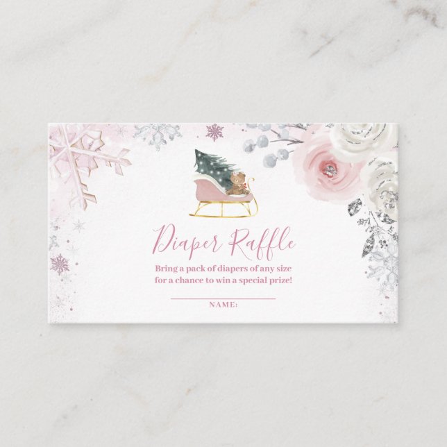 Winter Pastel Pink Snowflake Sleigh Diaper Raffle Begleitkarte (Vorderseite)
