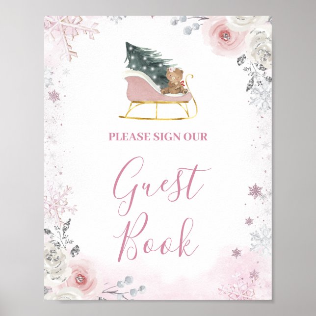 Winter Pastel Pink Snowflake Sleigh Guest Book Poster (Vorne)