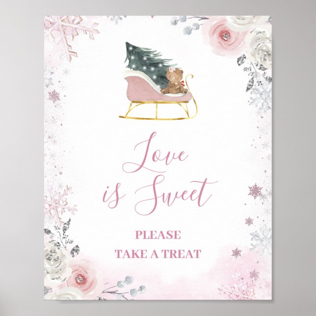Winter Pastel Pink Snowflake Sleigh Love is Sweet Poster (Vorne)