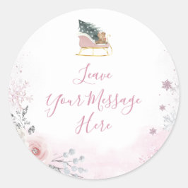 Winter Pastel Pink Snowflake Sleigh Your Message Runder Aufkleber