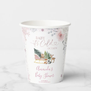 Winter-Pastell-Rosa-Schneeblume-Schlitten-Baby-Par Pappbecher