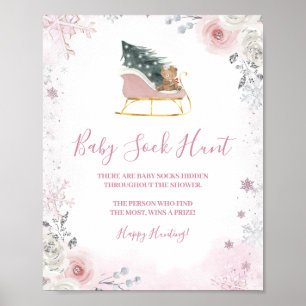 Winter-Pastell-Rosa-Schneeblume-Schlitten-Baby-Soc Poster
