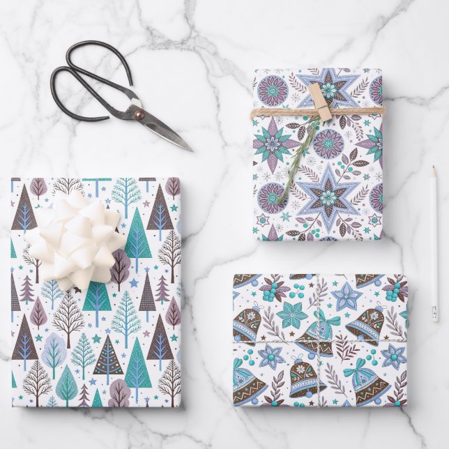 Winter Patterns with Stars in Purple and Teal Geschenkpapier Set (Vorderseite)
