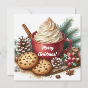 Winter peitschte heißer Kaffee in einer roten Tass Feiertagskarte