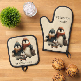 Winter Penguin Family Personalized Design Ofenhandschuh & Topflappen-Set