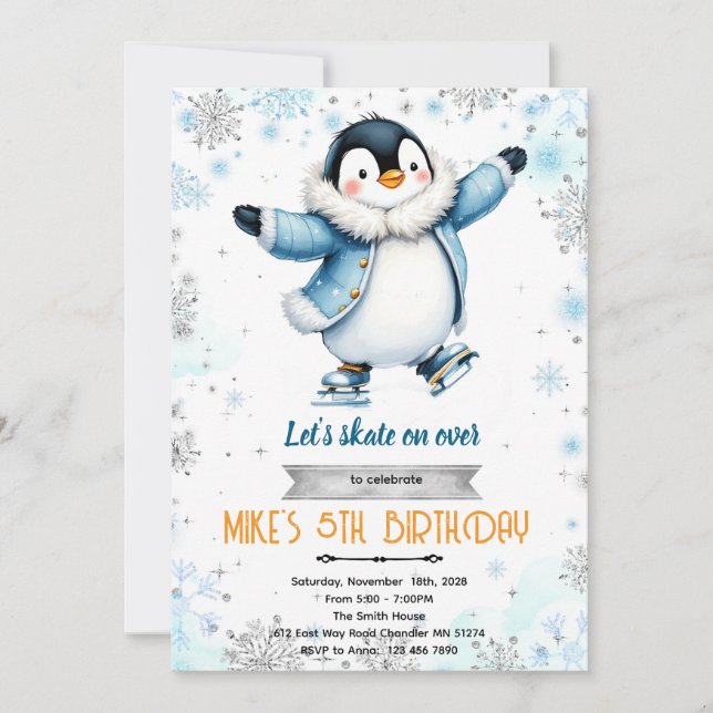 Winter penguin ice skate theme invite einladung (Vorderseite)