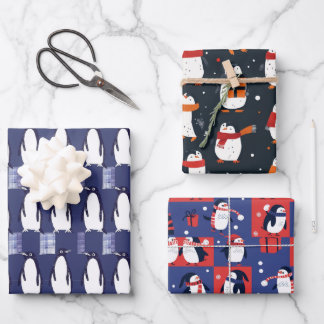 Winter Penguin Pattern Blue Wrapping Paper Geschenkpapier Set