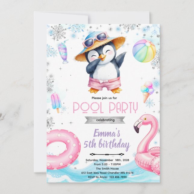 Winter penguin pool theme invitation einladung (Vorderseite)