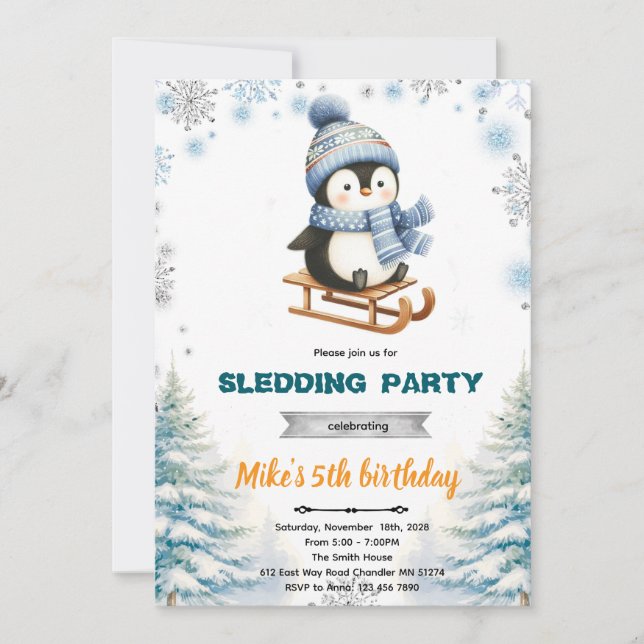 Winter penguin sledding invitation einladung (Vorderseite)