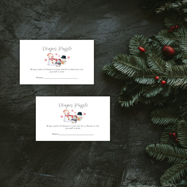 Winter Penguin Snowman Diaper Raffle Baby Shower  Begleitkarte (Winter Penguin Snowman Diaper Raffle Baby Shower Enclosure Card)