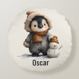 Winter Penguin with Snowman Design Rundes Kissen