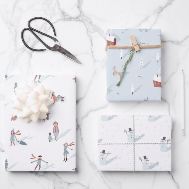 Winter People Village Snowman Weihnachtsfeiertag Geschenkpapier Set (Vorderseite)