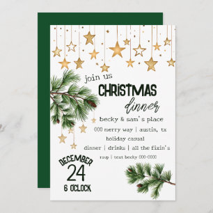 Winter Pine and Gold Holiday Stars Dinner Party Einladung