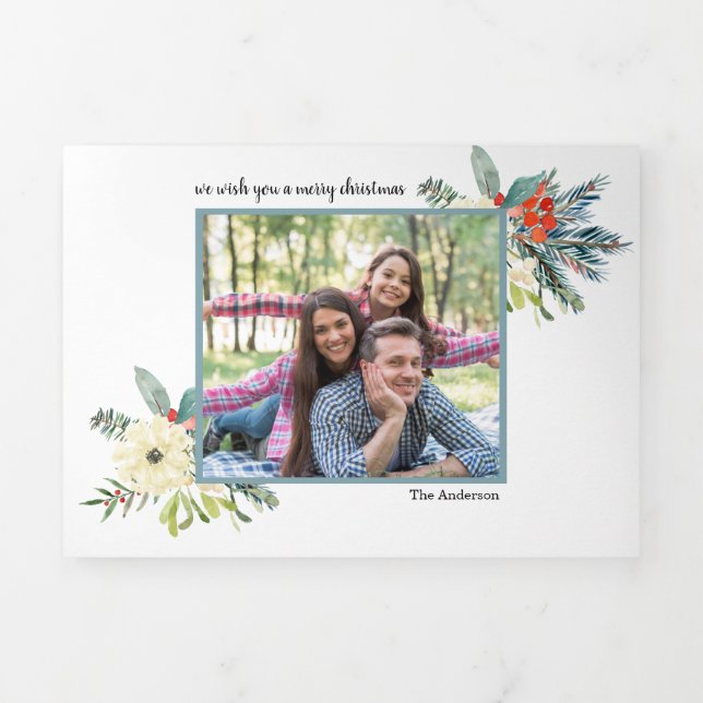 Winter Pine Äste elegant 3 Foto Weihnachten Dreifach Gefaltete Urlaubskarte (Cover)