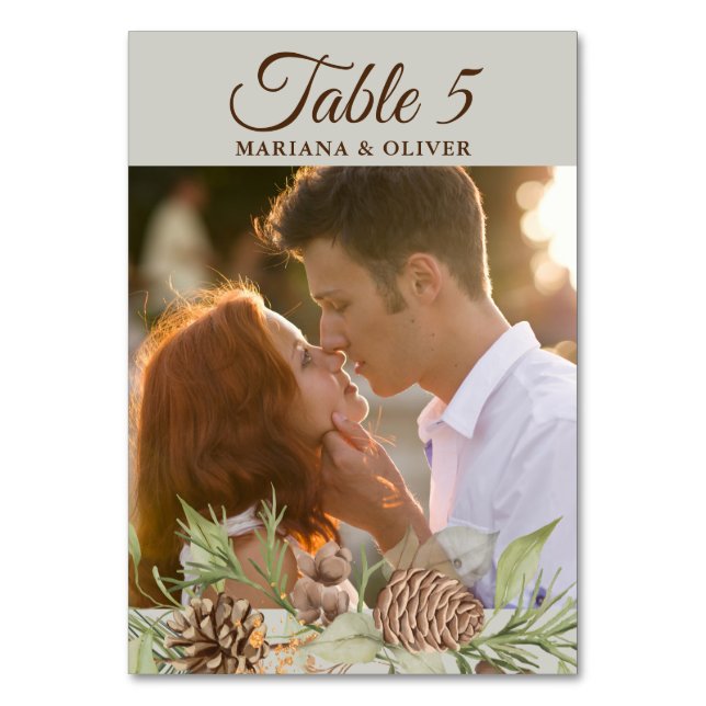 Winter Pine Beige Hochzeit Tischnummer (Vorderseite)