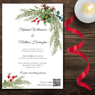 Winter Pine Branches mit Berries QR Code Wedding Einladung