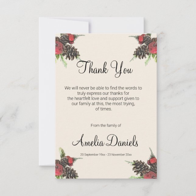 Winter Pine Cone and Berry Funeral Thank You Cards Dankeskarte (Vorderseite)