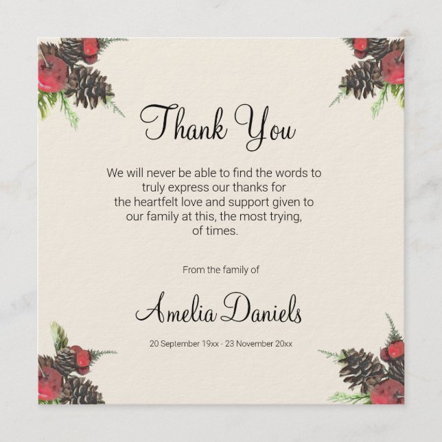 Winter Pine Cone and Berry Funeral Thank You Cards Einladung (Vorderseite)
