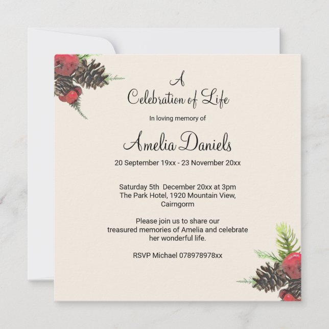 Winter Pine Cone Celebration of Life Card Save The Date (Vorderseite)