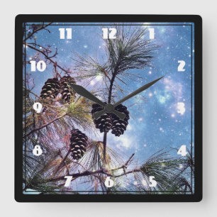 Winter Pine Cones under a starry night sky Quadratische Wanduhr