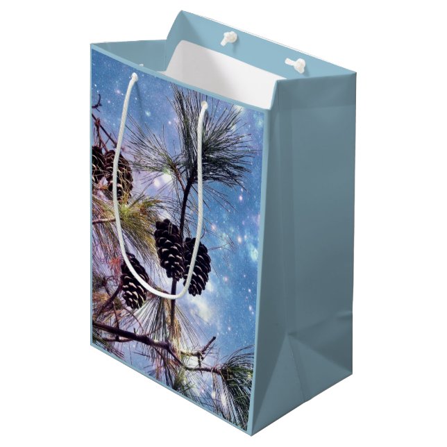 Winter Pine Cones unter einem Sternenhimmel Mittlere Geschenktüte (Vorderseite Schrägansicht)