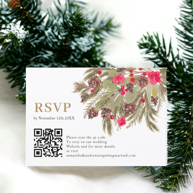 Winter pine elegance red green wedding  Rsvp qr Karte (Winter pine elegance red green wedding Rsvp qr)