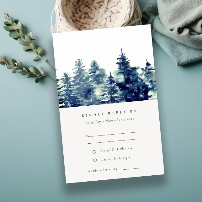 Winter Pine Forest Snow Wasserfarbe Hochzeit RSVP (Von Creator hochgeladen)