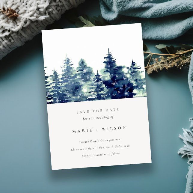 Winter Pine Forest Snow Wasserfarbe Save the Date Einladung (Von Creator hochgeladen)