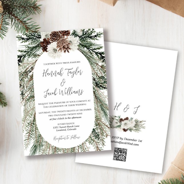 Winter Pine Forest Wedding mit QR Code UAWG Einladung (winter pine forest wedding qr code invitation)