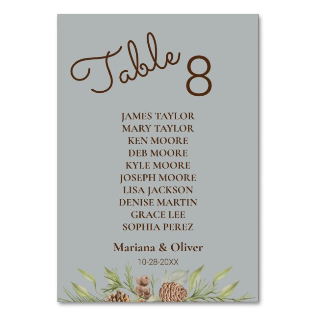 Winter Pine Gray Tischnummer Card mit Namen (Vorderseite)