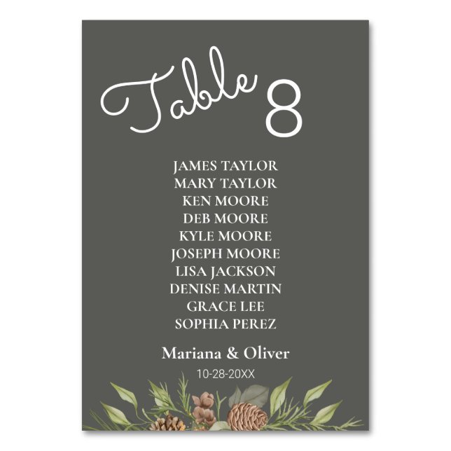 Winter Pine Gray Tischnummer Card mit Namen (Vorderseite)