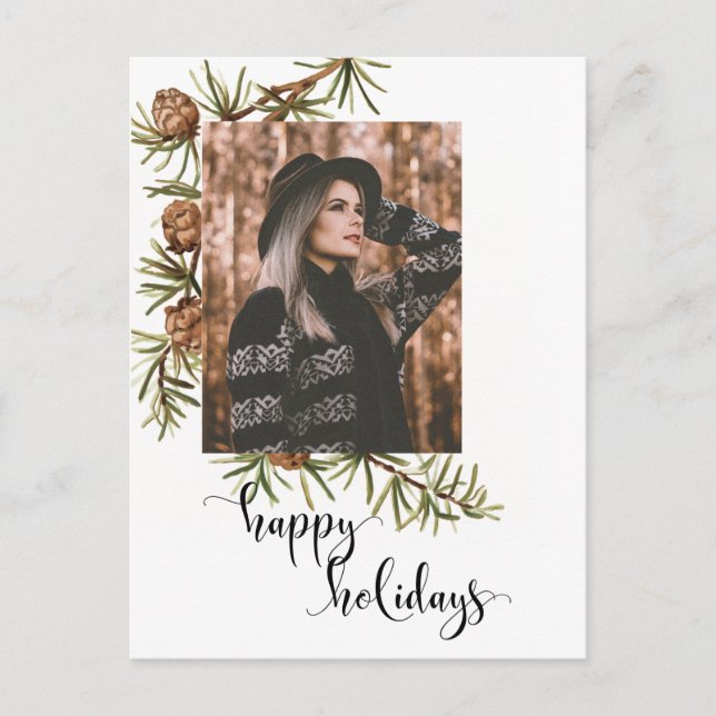 Winter Pine Happy Holidays Kalligraphie | FOTO Postkarte (Vorderseite)