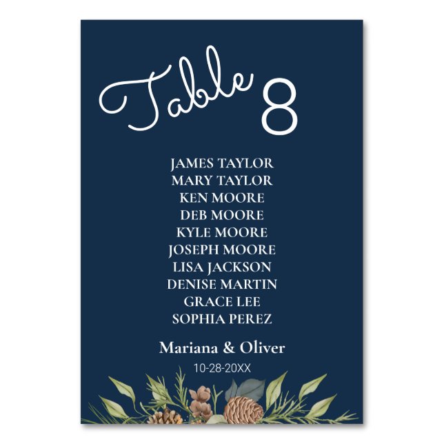 Winter Pine Navy Blue Tischnummer Card mit Namen (Vorderseite)