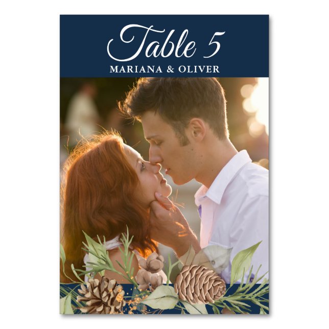 Winter Pine Navy Blue Wedding Tischnummer (Rückseite)