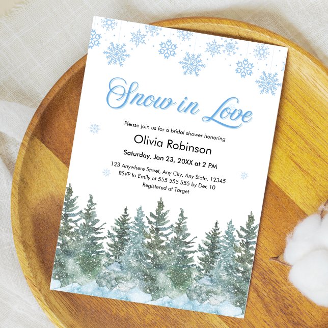 Winter Pine Snow in Love Snowflakes Bridal Shower Einladung (Winter Pine Trees Snow in Love Snowflakes Bridal Shower Invitation )