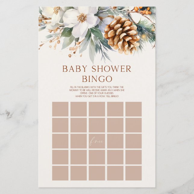 Winter Pine Tree Floral Bingo Baby Showspiel (Vorderseite)