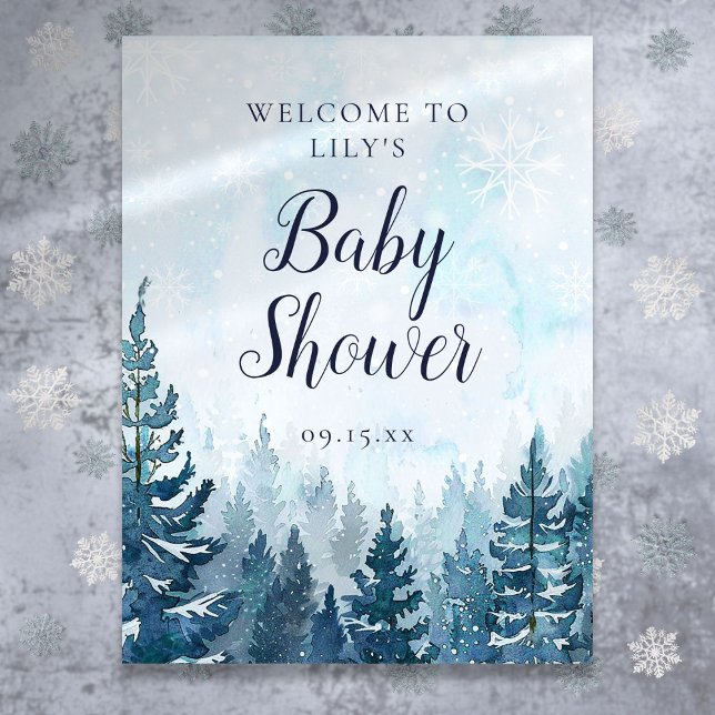 Winter Pine Tree Forest Baby Dusche Willkommenspen Poster (Winter Pine Tree Forest Baby Shower Welcome Poster)