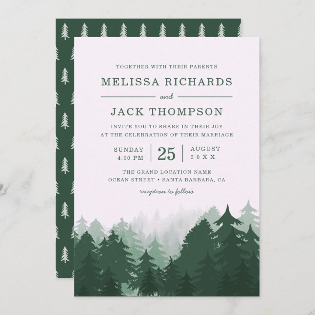 Winter Pine Tree Forest Green Rustic Hochzeit Einladung (Vorne/Hinten)