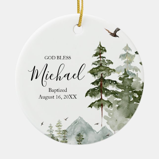 Winter Pine Tree Forest Taufe Gott segne Keramik Ornament (Vorne)