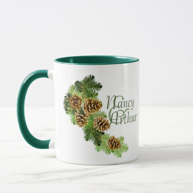 Winter Pine Tree & Pine Cones Hochzeit Tasse (Links)