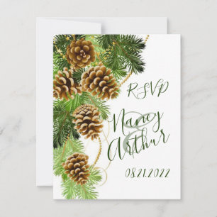 Winter Pine Tree & Pine Cones Wedding RSVP Card
