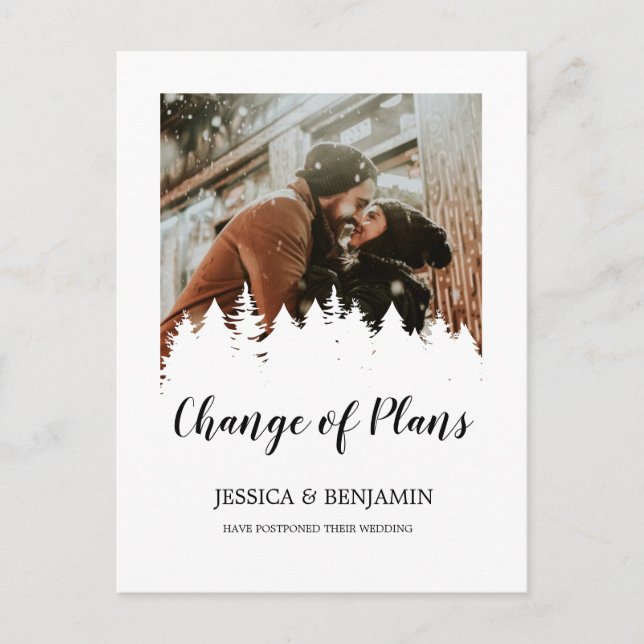 Winter Pine Tree Script Foto Änderung von Plänen Einladungspostkarte (Vorderseite)