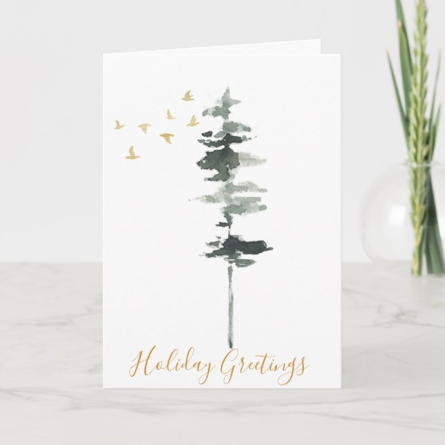 Winter Pine Tree und Birds Wasserfarbe Karte (Vorderseite)