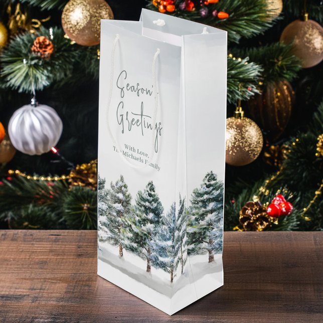 Winter Pine Tree Urlaub Personalisiert Geschenktüte Für Weinflaschen (Holiday custom wine gift bag with watercolor pine trees.)