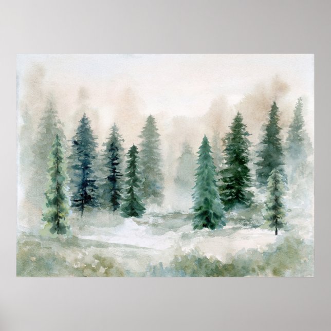 Winter Pine Tree Wasserfarbenwelt Landschaft Poster (Vorne)